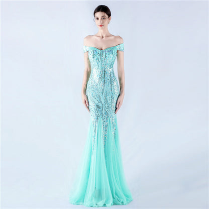 Dress Craft Beaded Mesh Sequin Evening Dress Annual Meeting Performance Host