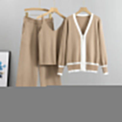 Spring Autumn Women Clothing Suit Tide Knitted Cardigan Sling Wide Leg Pants Three Piece Suit Suit