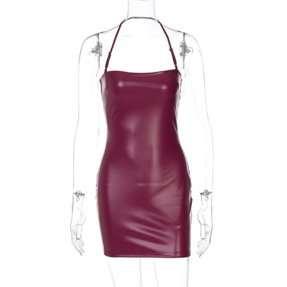 Women Clothing Spring Faux Leather Sexy Solid Color Tube Top Halter Sexy Tight Hip