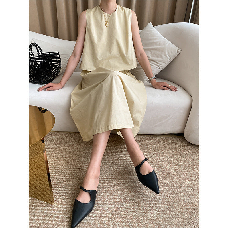 French Simplicity Elegant Pure Cotton Washed Thin round Neck Vest Umbrella Skirt Two Piece Suit