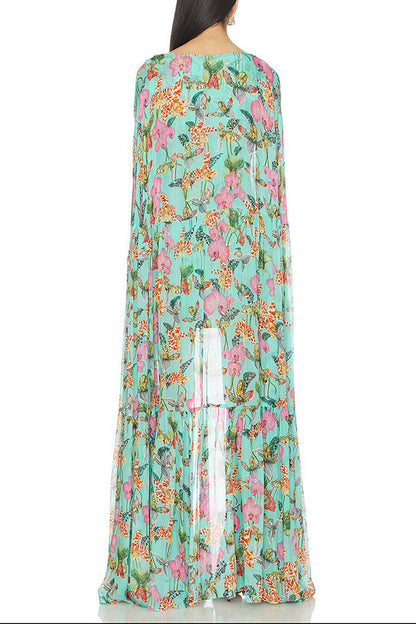 Garden Party Contrast Floral Print High Low Cape Maxi Dress