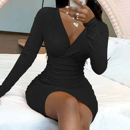 Women Clothing Arrival Sexy V-neck Pleated Knitted Long Sleeve Narrow Dress Slimming