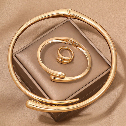 3 Piece Heavy Geometric Bracelet, Ring & Necklace Set