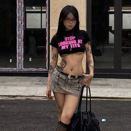 Autumn Sexy Cropped T shirt Casual Slim Fit All Match Letters Printed Minicoat Women Clothing
