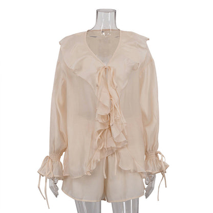 Casual French Design Bell Sleeve Loose Top Shorts Two Piece Set