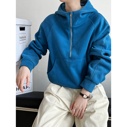 Idle Half Zipper Hooded Sweatshirt for Women Autumn Casual Design Blouse Coat