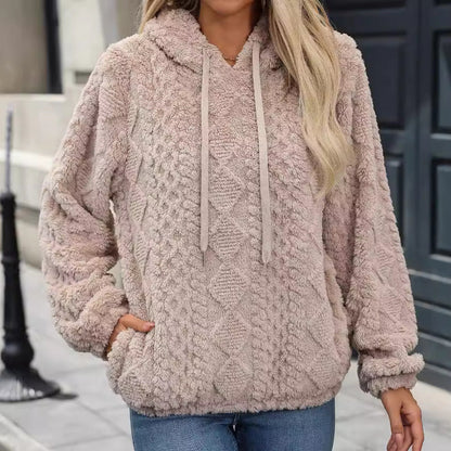 Autumn Winter Women Clothing Plush Jacquard Fabric Long Sleeve Loose Hooded Pullover Sweatshirt