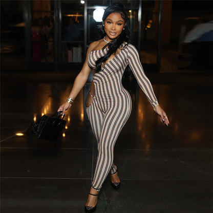 Winter Women Clothing Sexy Hollow Out Cutout Sexy Striped Tight One Piece Trousers