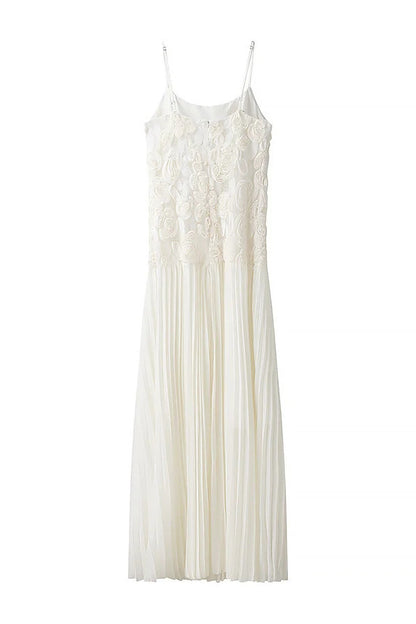 Indulge in Floral Applique Pleated Chiffon Hem Slip Maxi Dress