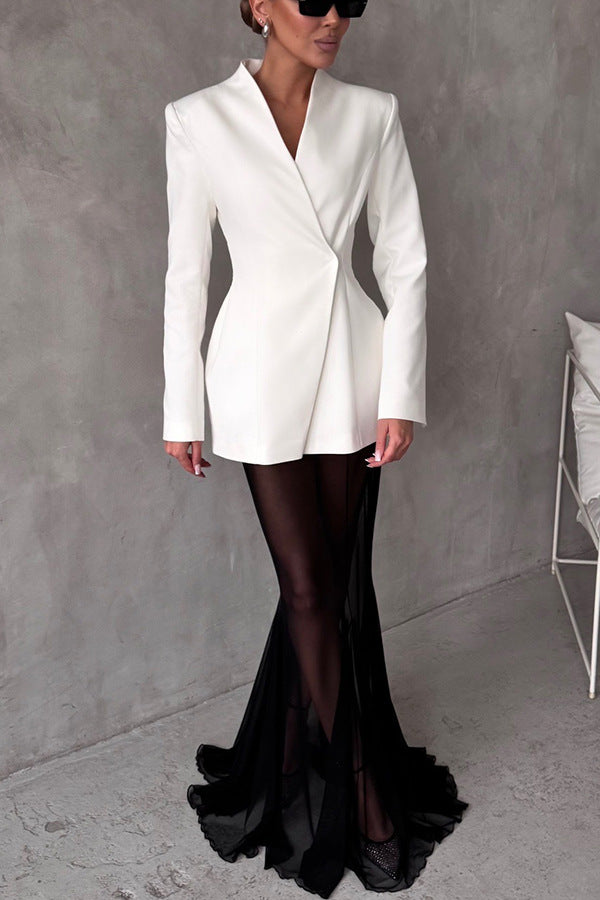 Long sleeved satin top S V collar single button long sleeved set