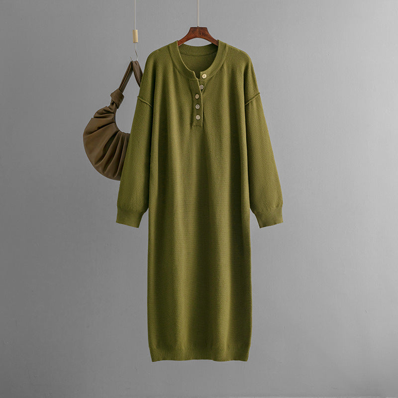 Autumn Winter Button Knitwear Dress Solid Color Loose Casual Sweater Women