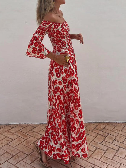 Ladies' Vacation Flower Street Elegant Printed Off Shoulder Waist Pocket Long Dress