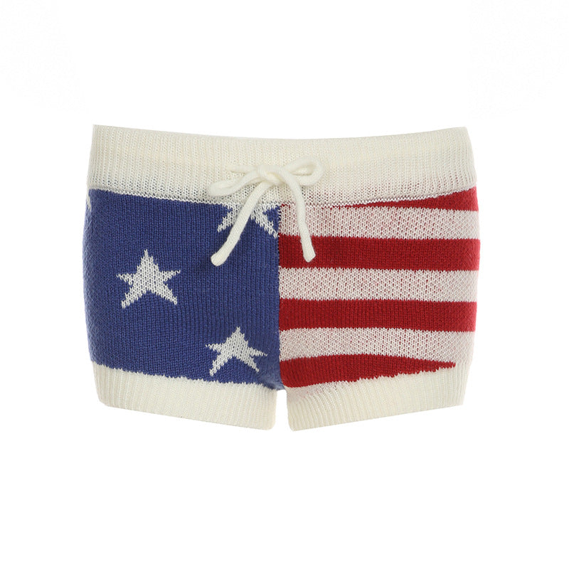 Street Sexy Low Waist Star Stripes Contrast Color Woolen Shorts Sexy Lace up Slim Fit All Match Retro Pants