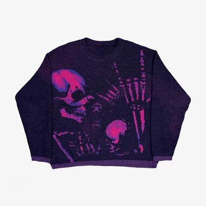Grunge Skull Printed Crewneck Slouchy Knit Sweater