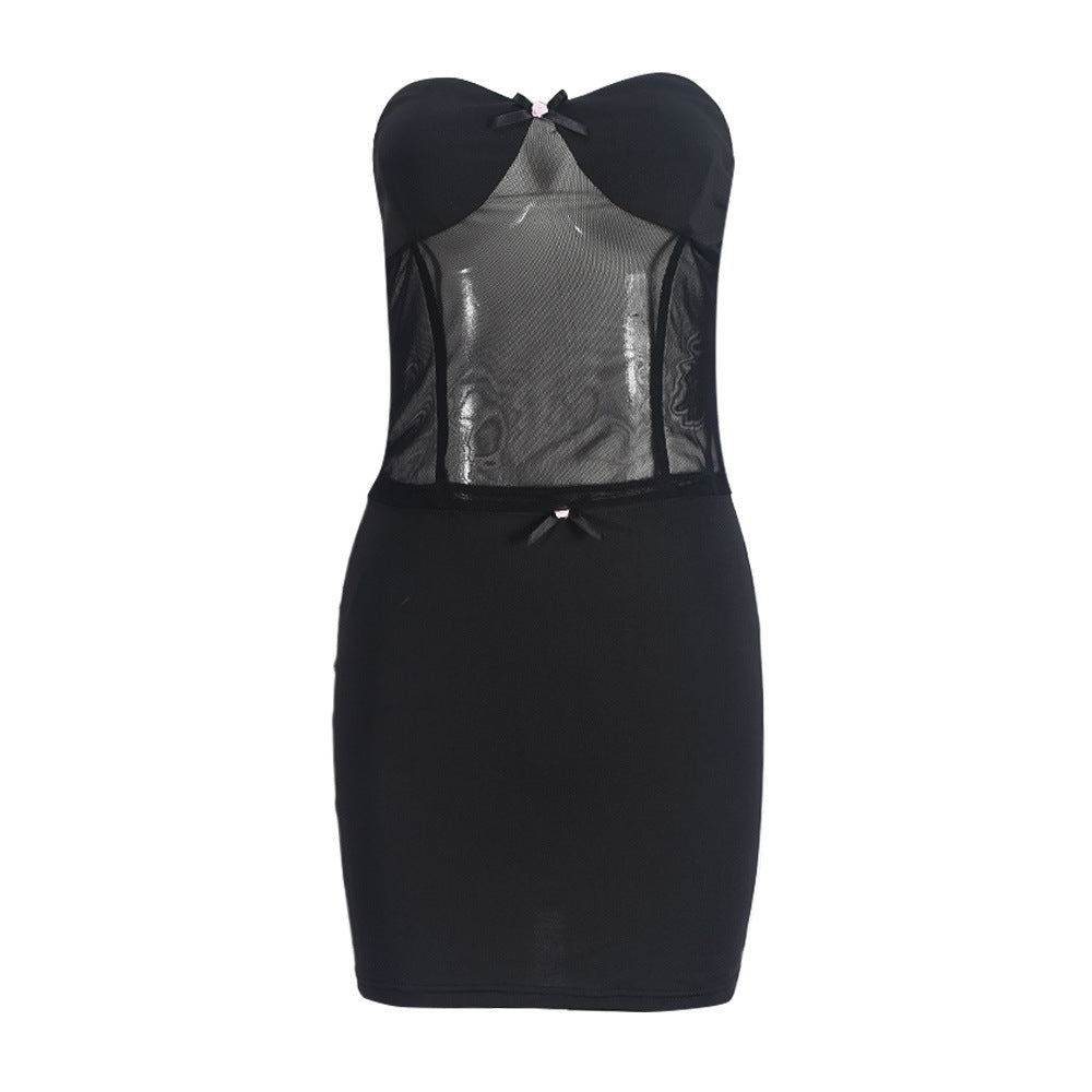 Women Clothing Chest Wrapped Skirt Fashionable See through Sexy Patchwork Two Piece Sets Women