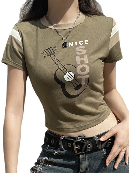 Guitar Print Crew Neck Top