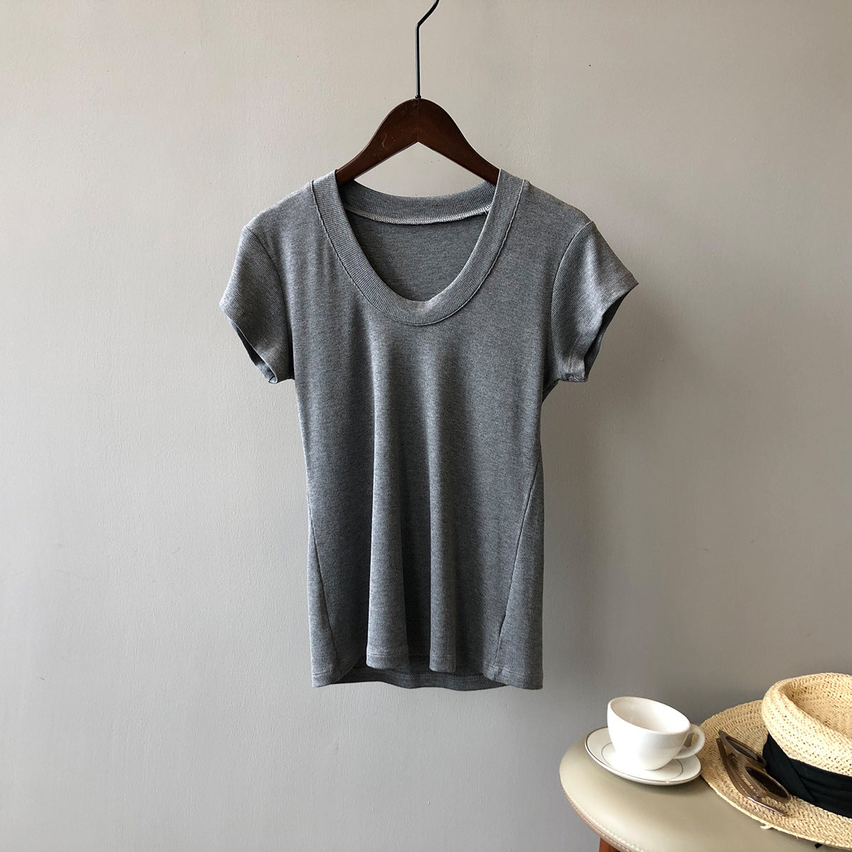Solid Color T shirt for Women Summer Simplicity U Collar Slimming Stretch T shirt Top for Women