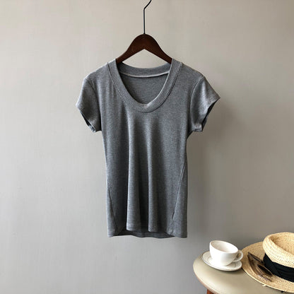 Solid Color T shirt for Women Summer Simplicity U Collar Slimming Stretch T shirt Top for Women