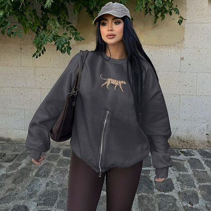 Women Clothing Winter round Neck Zipper Leopard Print Long Sleeve Loose Fitting Casual Pullover Coat