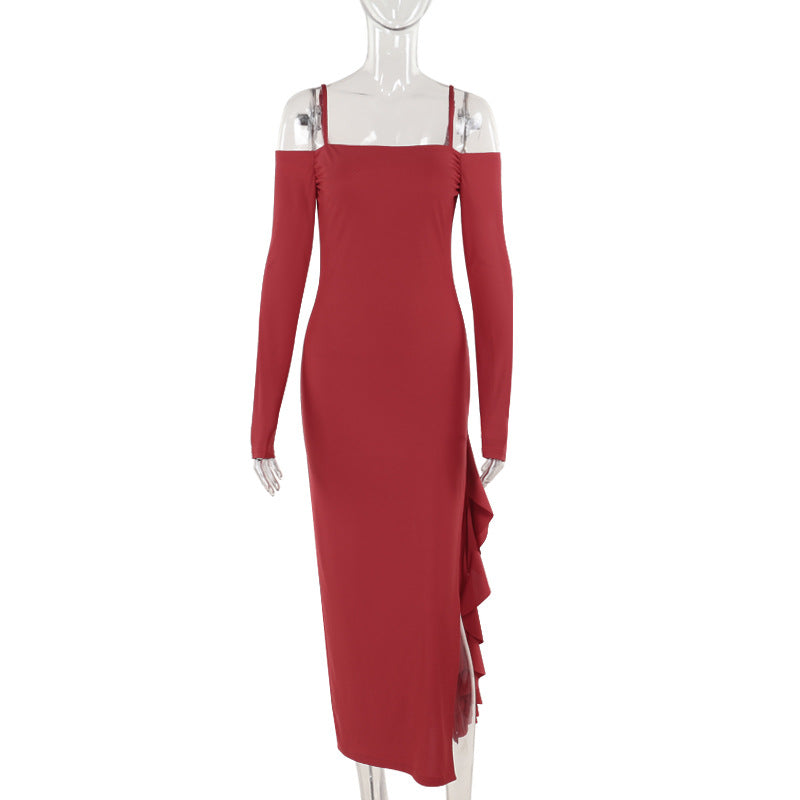 Elegant off the Shoulder Gown Split Dress Women Adult Lady like Woman Sexy Slim Hip Dress
