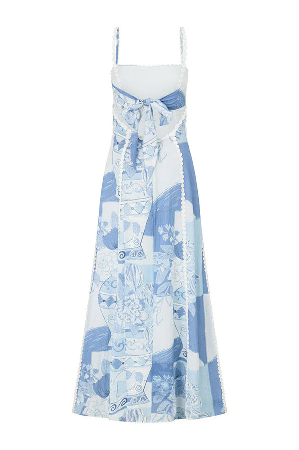 Terazza Ric Rac Linen Trims Unique Print Back Tie-up Slip Flared Linen Maxi Dress