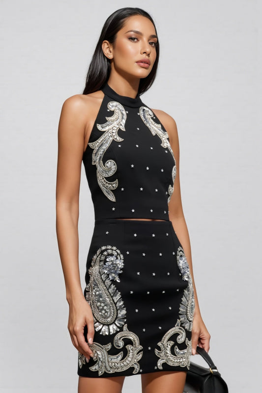 Pira Rhinestone Sequins Hanging Neck Skirt Set