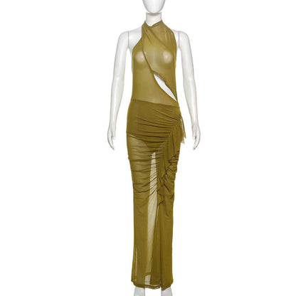 Spring Women Sexy Irregular Asymmetric Design Pleated Lace up Sexy Backless Dress