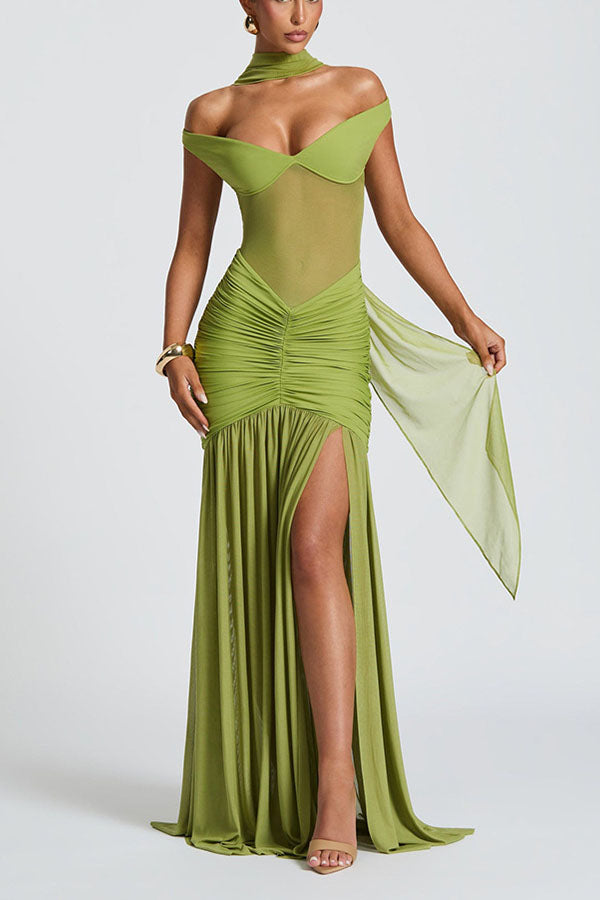 Raise The Level Mesh Off Shoulder Ruched Scarf Stretch Maxi Dress