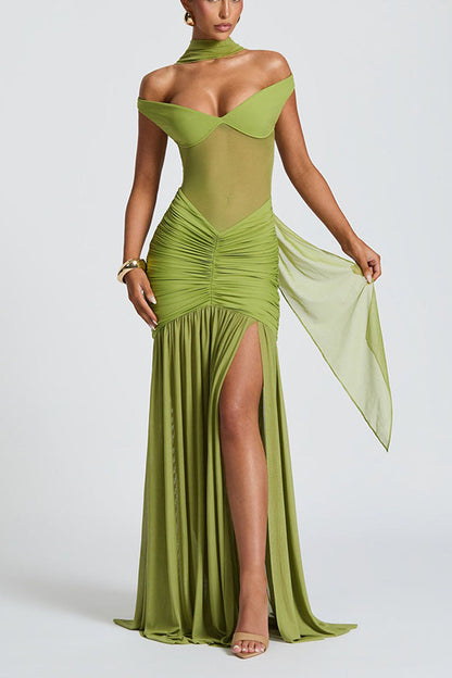 Raise The Level Mesh Off Shoulder Ruched Scarf Stretch Maxi Dress