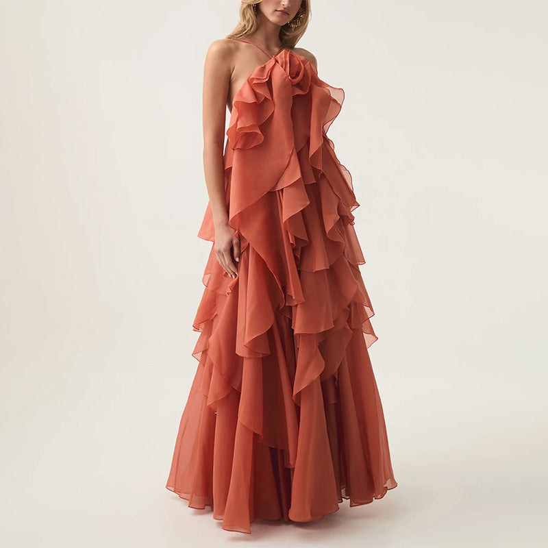 Free - Flowing Rose Detail Tiered Ruffles Halter A-line Maxi Dress