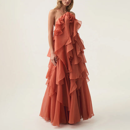 Free - Flowing Rose Detail Tiered Ruffles Halter A-line Maxi Dress