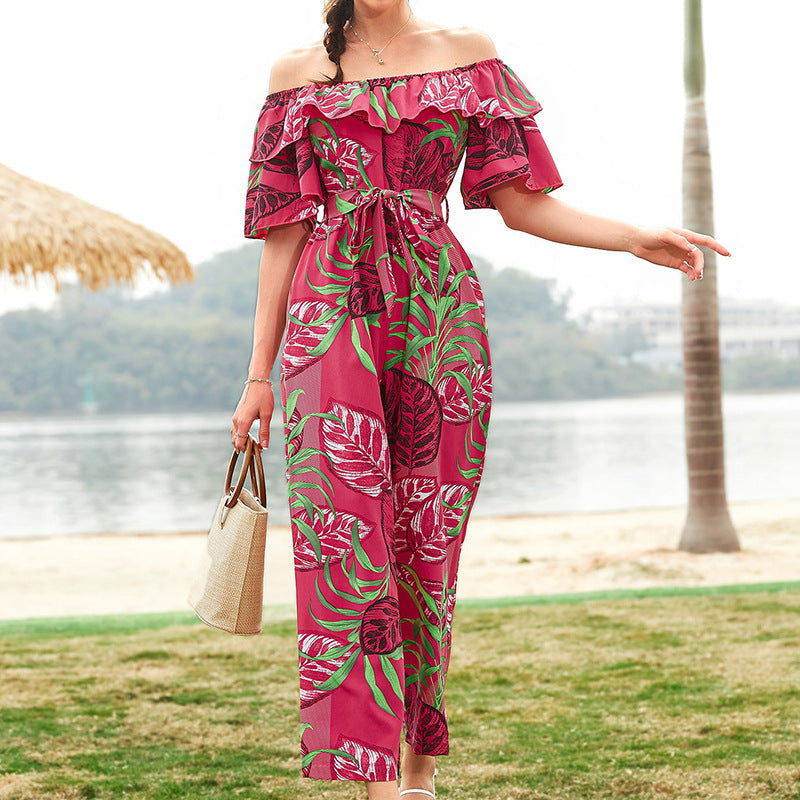 Women Clothing Fashion off-Shoulder Floral Jumpsuit Summer Short Sleeve Chiffon Vacation Beach Jumpsuit