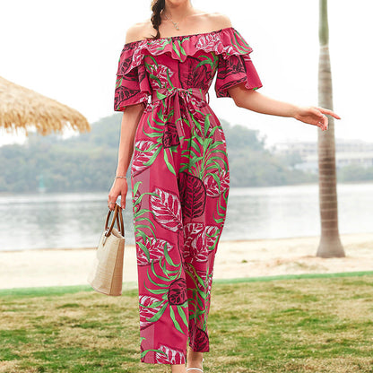 Women Clothing Fashion off-Shoulder Floral Jumpsuit Summer Short Sleeve Chiffon Vacation Beach Jumpsuit