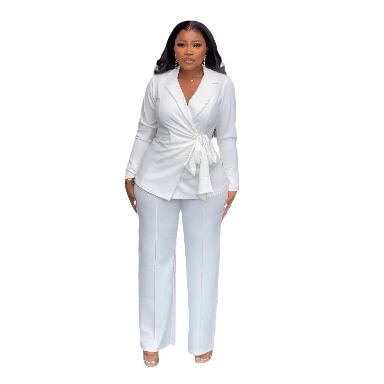 Women Lace up Solid Wide Leg Pants Two Piece Set