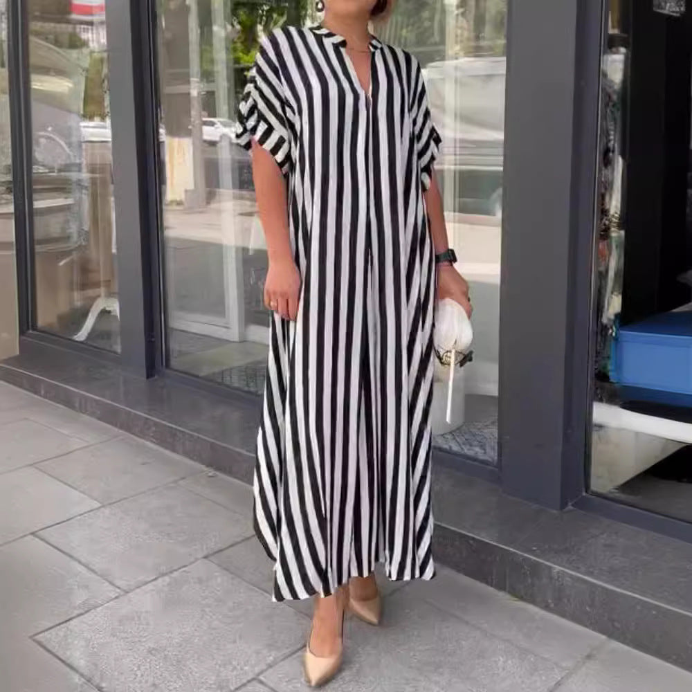 Self Designed Striped Print Spring Summer Women Split Large Swing Maxi Dress