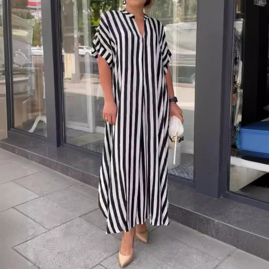 Self Designed Striped Print Spring Summer Women Split Large Swing Maxi Dress