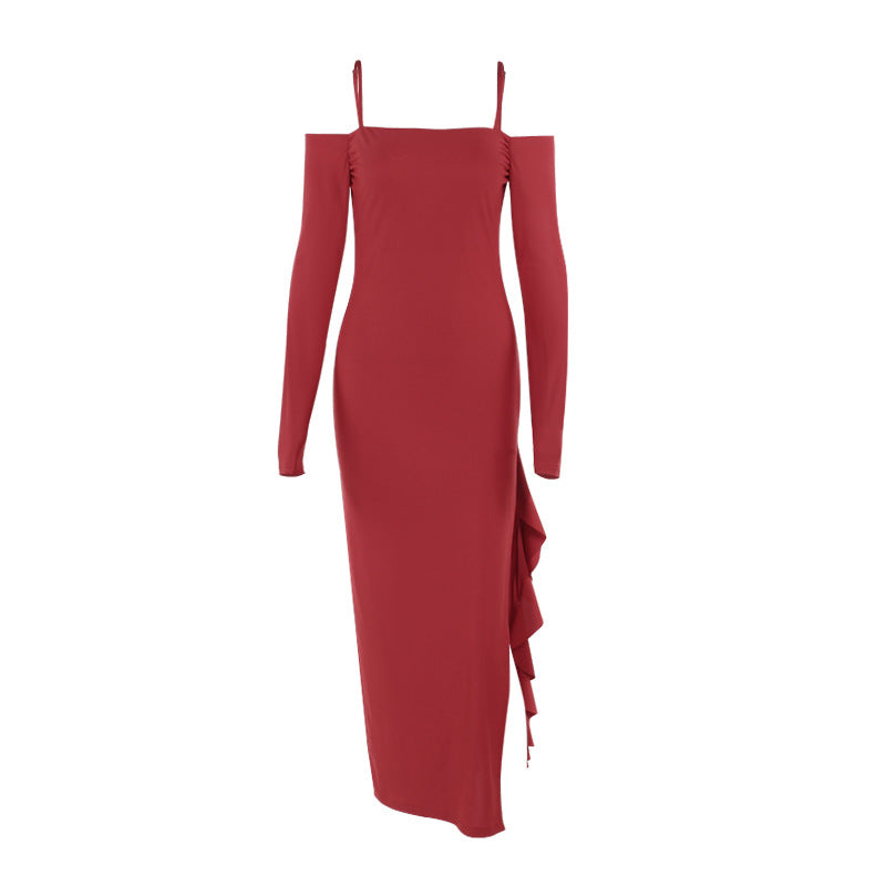 Elegant off the Shoulder Gown Split Dress Women Adult Lady like Woman Sexy Slim Hip Dress