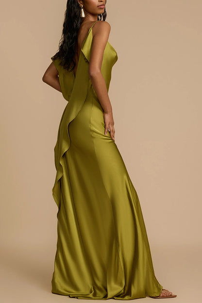 Evening Date Satin Cowl Neck Drape Ruffle Backless Bias Cut Party Maxi Dress