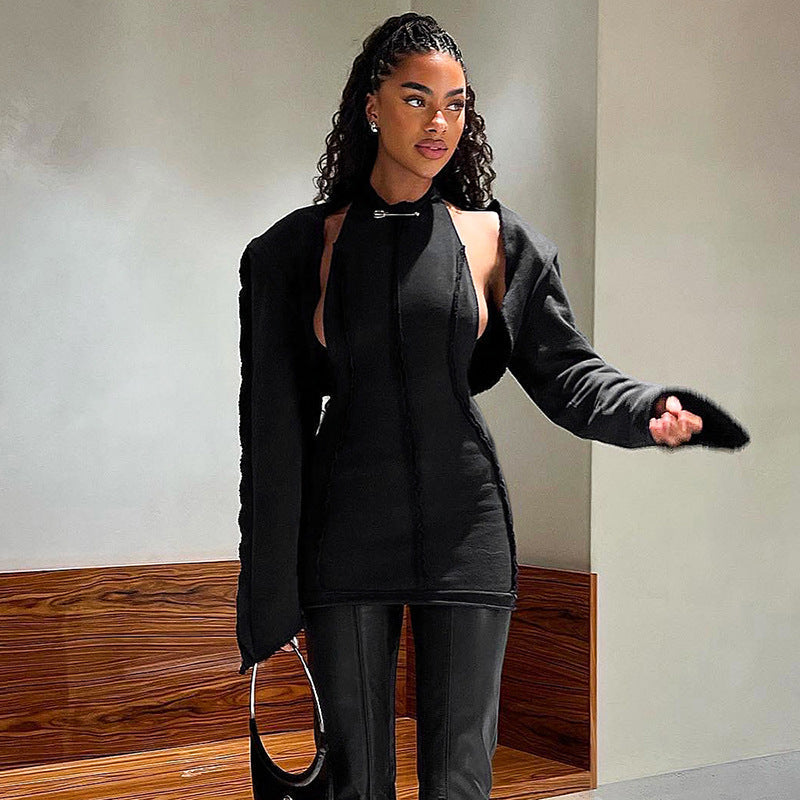 Women Clothing Winter Solid Color Hoodie Long Sleeve Halter Ripped Backless Short Dress Set