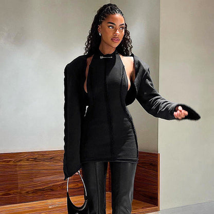 Women Clothing Winter Solid Color Hoodie Long Sleeve Halter Ripped Backless Short Dress Set