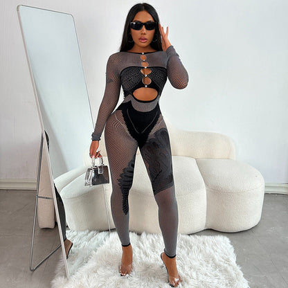 Women Clothing Solid Color Tight Rhinestone Slim Fit Long Sleeved Trousers Contrast Color One Piece Trousers