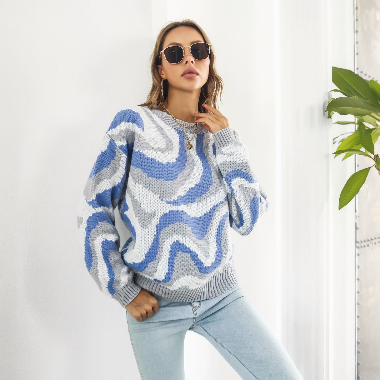 Tie Dyed Brocade Sweater Women Loose Autumn Winter Long-Sleeved Casual Knitwear Sweater