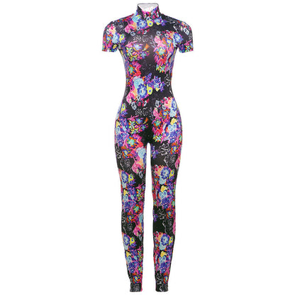 Spring Sexy Backless Skinny Personalized Printed Short Sleeved Jumpsuit Women Clothing