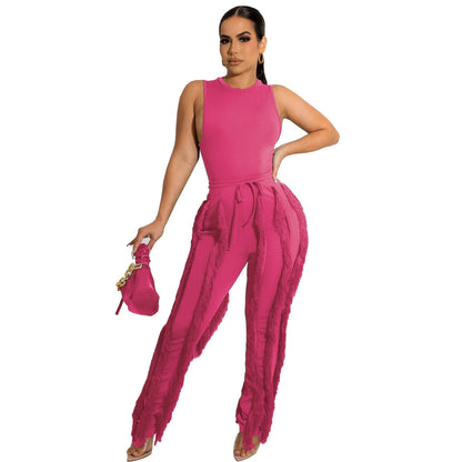 Women Clothing Two Piece Set Tassel Trousers Sleeveless Casual Suit Lace Summer Sexy
