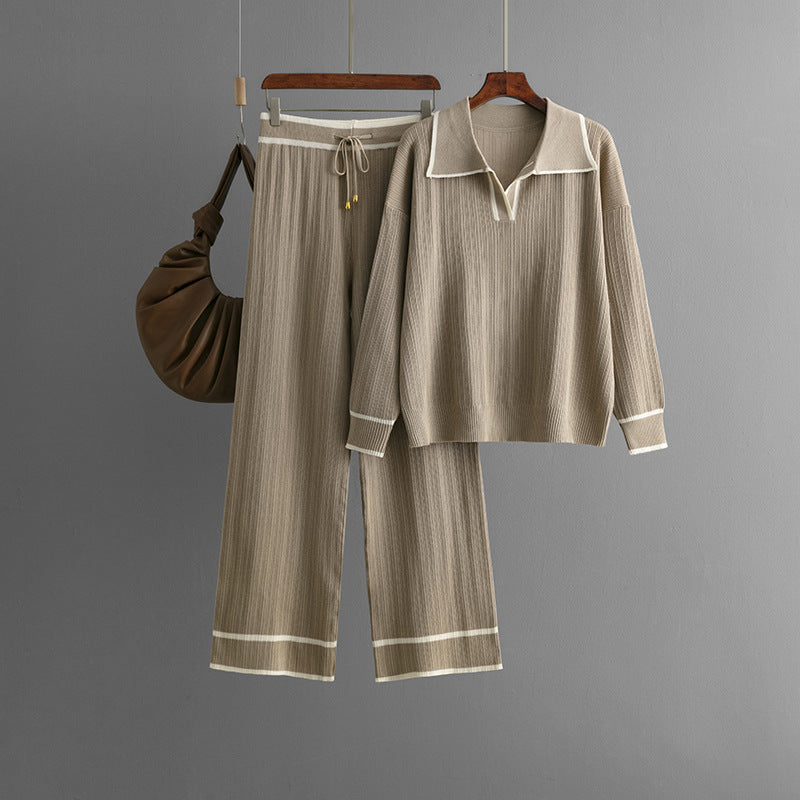 Autumn Winter Polo Collar Contrast Color Casual Set High Waist Slimming Knitted Two Piece Set