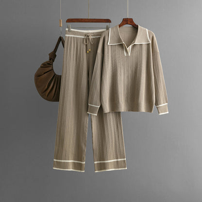 Autumn Winter Polo Collar Contrast Color Casual Set High Waist Slimming Knitted Two Piece Set