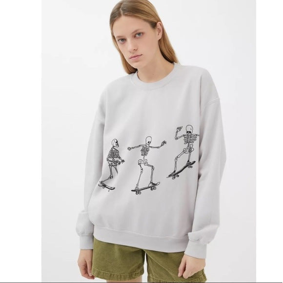 Autumn Winter Women Wear Long Sleeve Solid Color Skull Skateboard Printing Loose Casual Long Sleeves