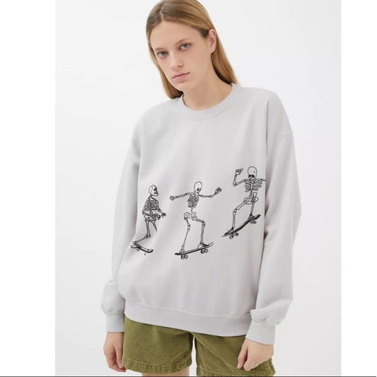 Autumn Winter Women Wear Long Sleeve Solid Color Skull Skateboard Printing Loose Casual Long Sleeves