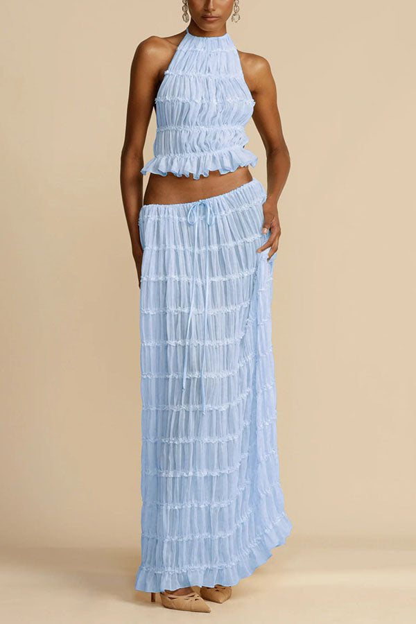 Versatile retro charm pleated drawstring waistline long skirt set