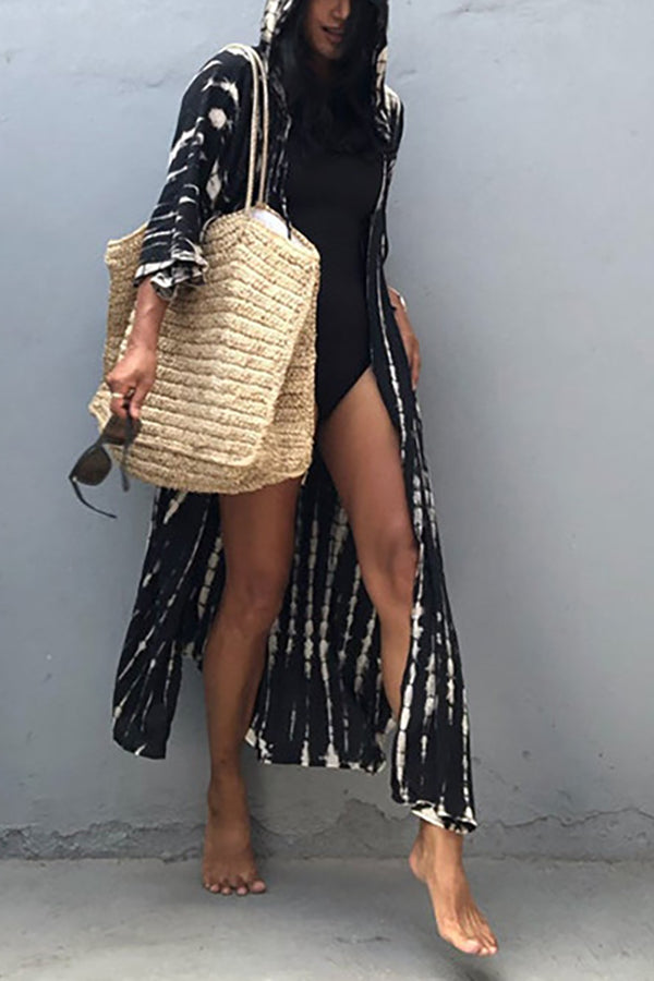 Boho Tie-dye Print Hooded Kimono Cover-up